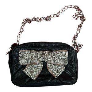 Elegant Black Chain Bag with Rhinestone Bow Deux Lux